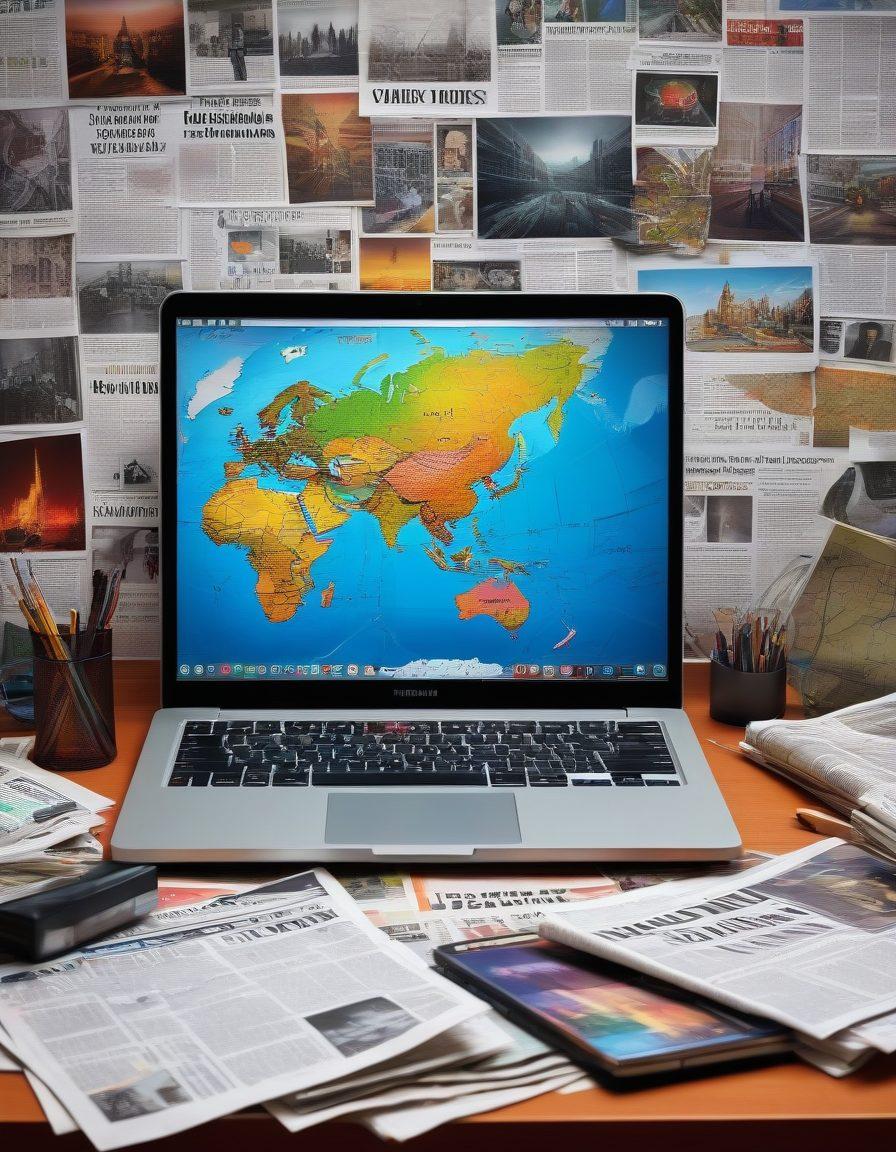 A visually captivating collage of a journalist's desk with an open laptop displaying trending news articles, surrounded by stacks of newspapers and colorful headlines bursting with information. In the background, a world map highlights different media stories around the globe, with mini-icons representing various topics like politics, entertainment, and technology. The atmosphere is dynamic and engaging, inviting readers to delve into the stories. vibrant colors. 3D. hyper-realistic.