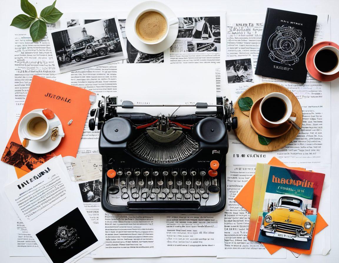 A visually appealing collage showcasing various types of journal articles from editorial to lifestyle, featuring a typewriter, a cup of coffee, and open notebooks with vibrant images of travel, fashion, and food. The background is bright and inviting, symbolizing creativity and inspiration. super-realistic. vibrant colors. white background.
