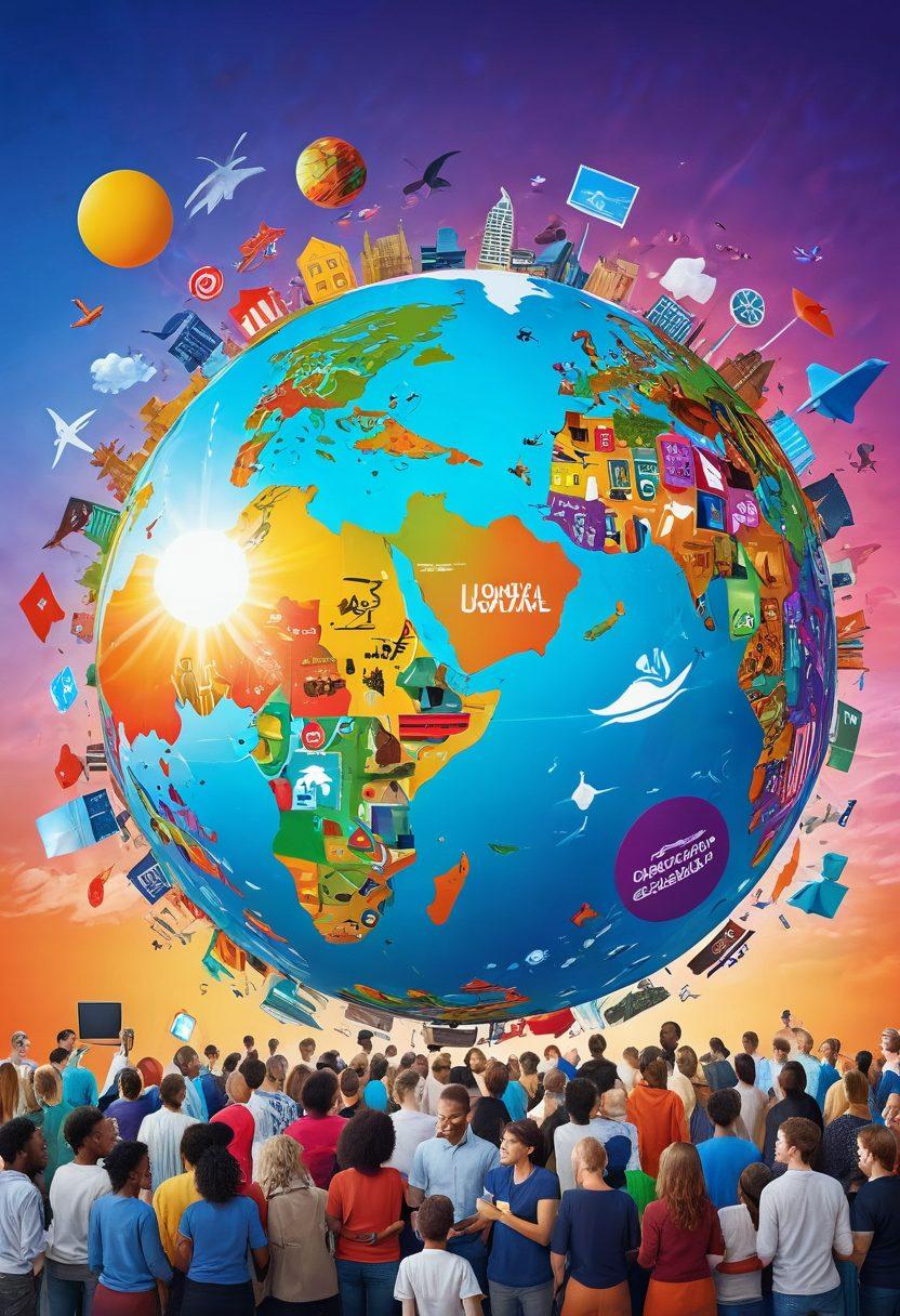 A vibrant globe surrounded by diverse current events and trending topics, such as technology, culture, and climate change depicted as colorful icons orbiting the globe. Include people of various backgrounds engaging in discussions, looking curious and inspired, with a bright, hopeful sky in the background. The atmosphere should evoke a sense of exploration and connectivity. vibrant colors. super-realistic.